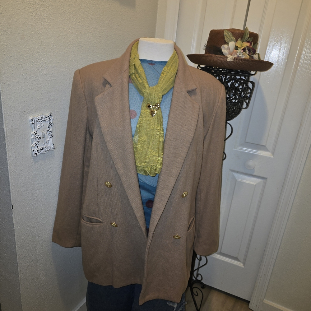 Vintage 1980s 100% Wool Tan Double Breasted Blazer Womens 12